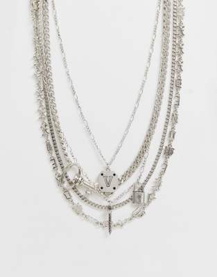 ASOS DESIGN - Mehrreihige Halsketten mit Anhängern in Silber im Set - Silber