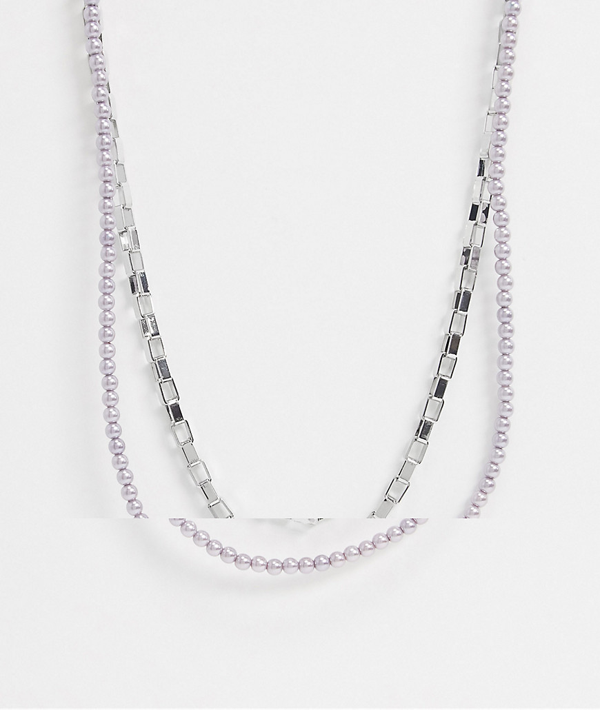 ASOS DESIGN - Set van halskettingen met zilverkleurige ketting en parelketting in lila-Paars