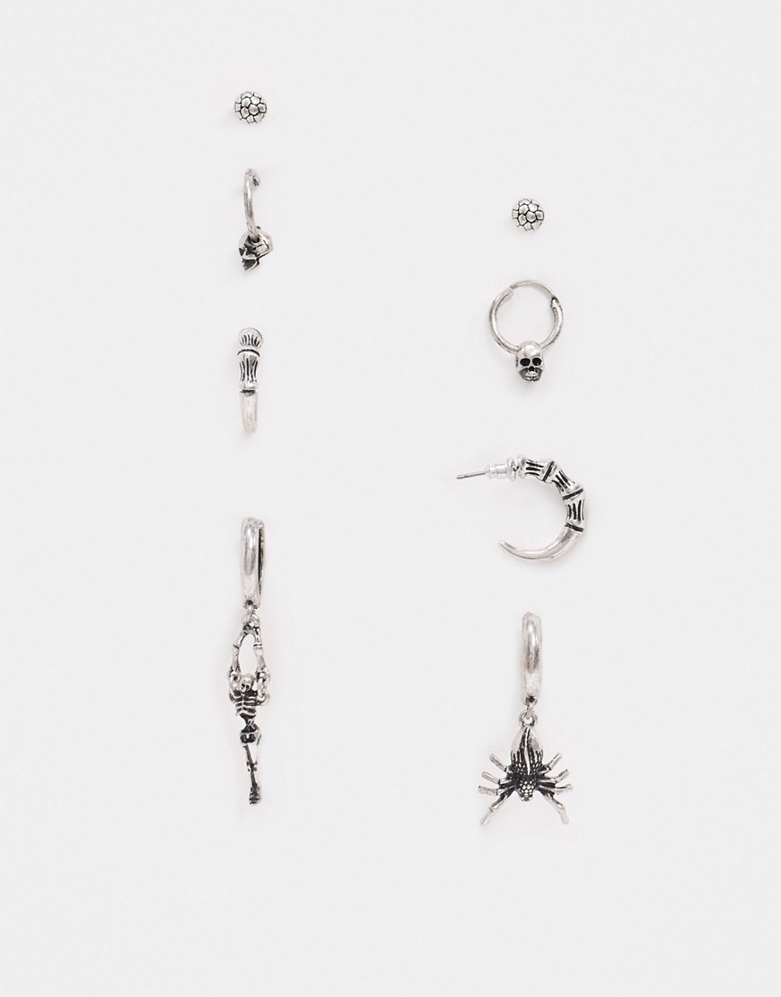 ASOS DESIGN - Set van oorringen met griezelige skeletten en spinnen hangertjes in gepolijste zilverkleur