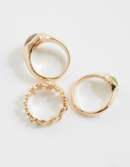 ASOS DESIGN - Set van ringen met groene en bordeauxrode steentjes in goudkleur, 2 van 3