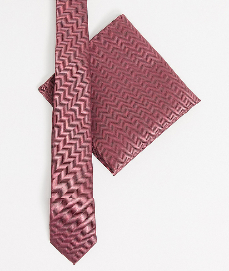 ASOS DESIGN - Set van stropdas en pochet in bordeauxrood met textuur