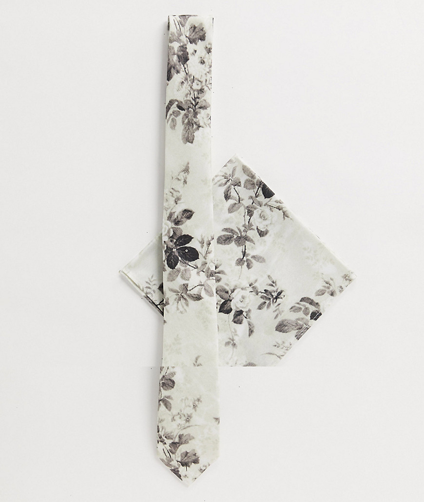 ASOS DESIGN - Set van stropdas en pochet met grijze bloemenprint-Grijs