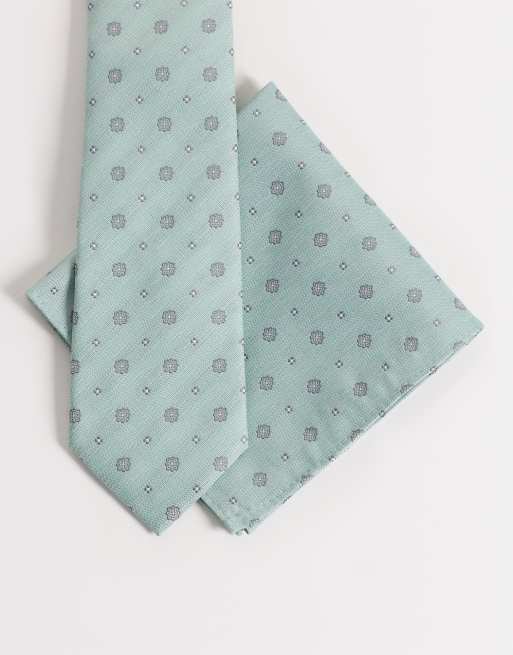 ASOS DESIGN - Set van stropdas en pochet met vintage motief in saliegroen, 1 van 3
