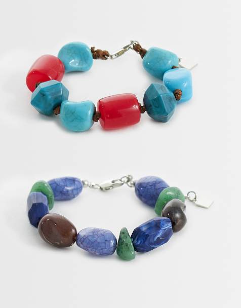 ASOS DESIGN - Set van twee brede armbanden met kralen in blauw, groen en rood - view 1