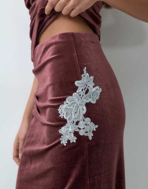ASOS DESIGN set velvet embroidery detail drape maxi skirt in brown, 3 of 5