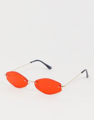 ASOS DESIGN – Sexkantiga båglösa solglasögon med röda glas-Guld