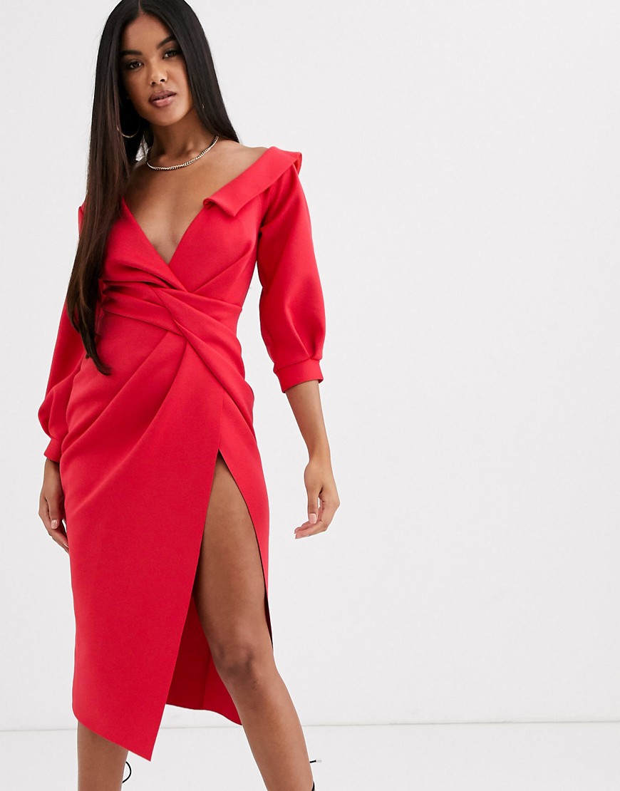 ASOS DESIGN sexy shoulder knot front midi dress-Red