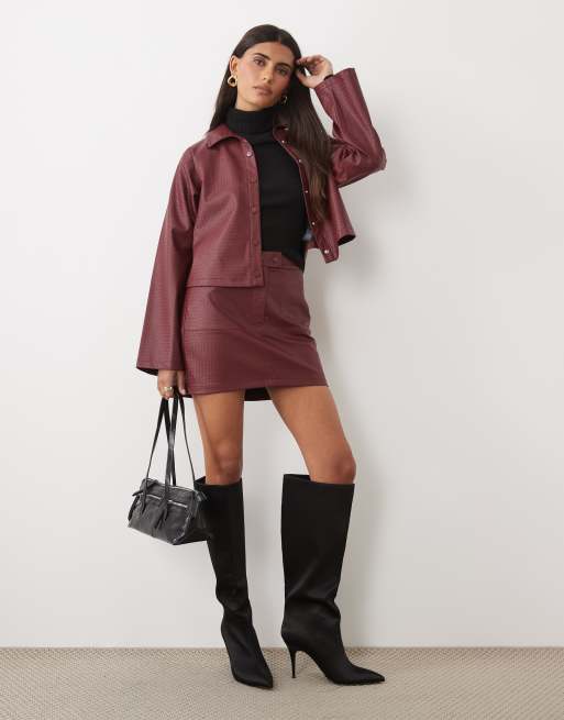 ASOS DESIGN shacket i läderlook med korgflätning i burgundy, 2 av 4