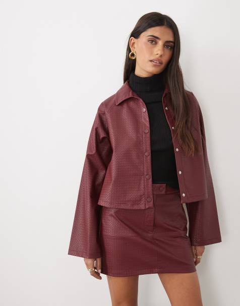 ASOS DESIGN shacket i læderlook med kurveflet i burgundy - view 1