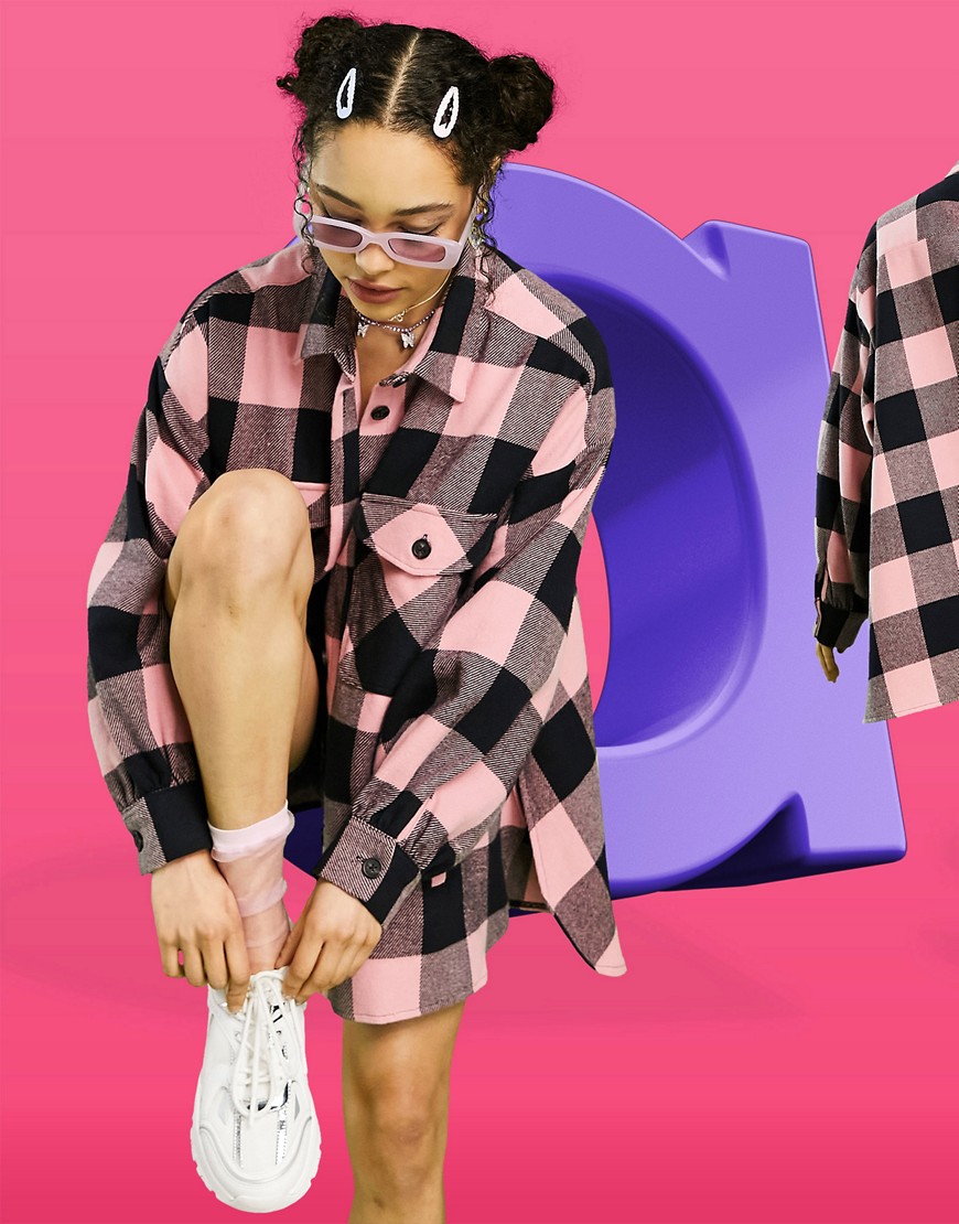 ASOS DESIGN shacket in pink and black plaid-multi
