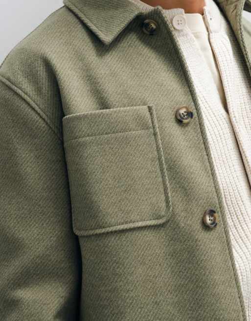 ASOS DESIGN shacket med uldlook og dobbeltlomme i khaki, 4 af 5