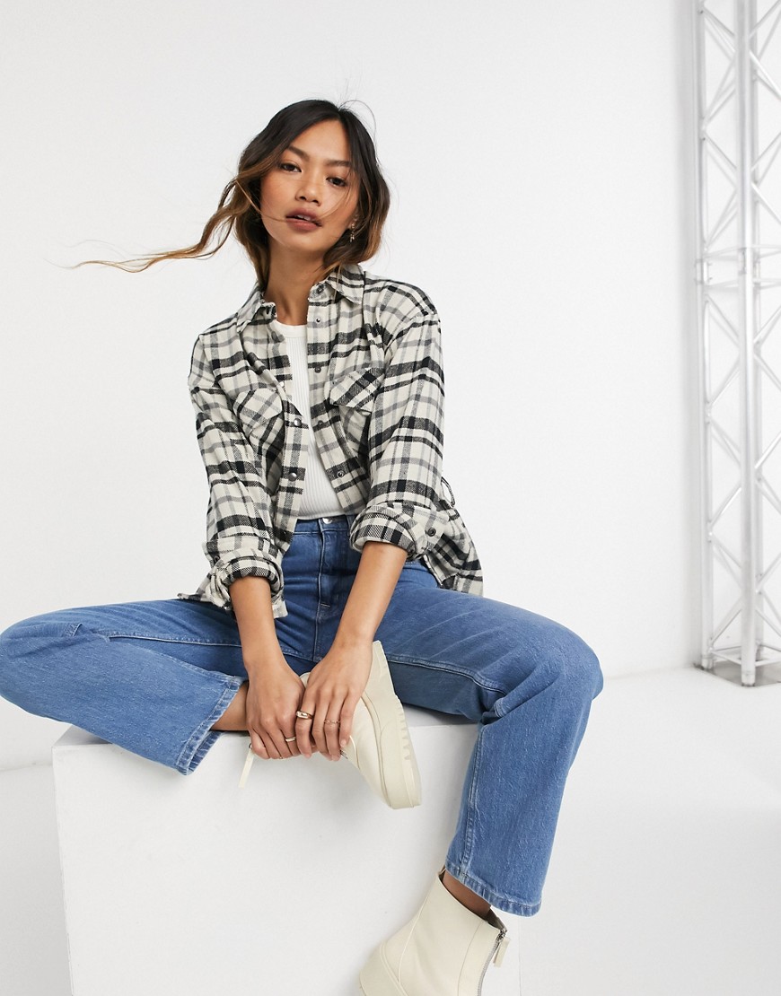 ASOS DESIGN shacket with belt detail in cream and black check-Multi