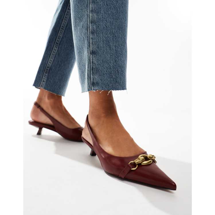 ASOS DESIGN Shade chain detail slingback kitten heeled shoes in burgundy