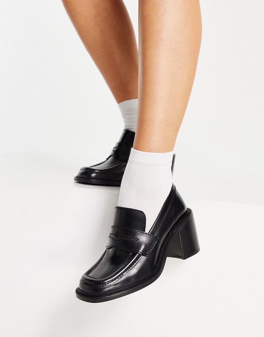 ASOS DESIGN - Shade - Mellemhøje loafers med hæl i sort premium-læder