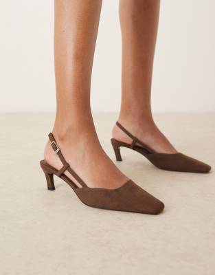 Asos Design Shadow Chisel Toe Slingback Mid Heel Shoes In Brown