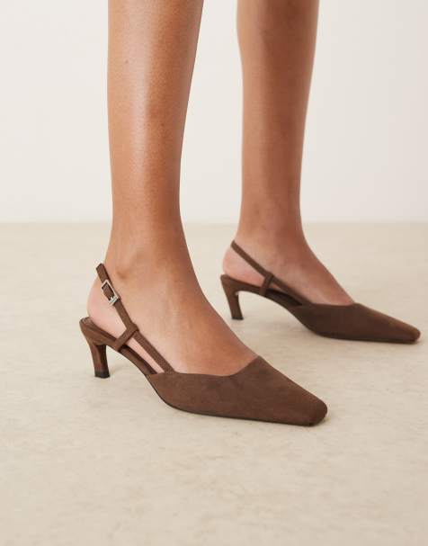 ASOS DESIGN Shadow chisel toe slingback mid heel shoes in chocolate suedette - view 1