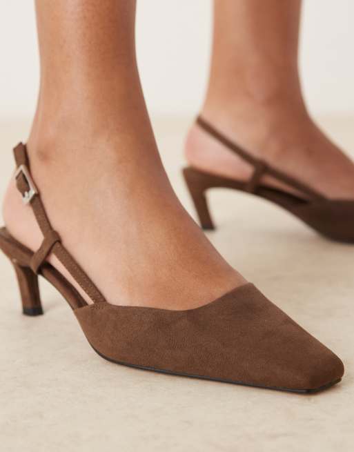 ASOS DESIGN Shadow chisel toe slingback mid heel shoes in chocolate suedette, 2 of 4