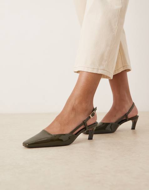 ASOS DESIGN Shadow chisel toe slingback mid heel shoes in green patent - view 1