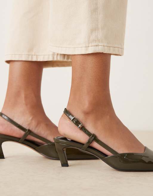ASOS DESIGN Shadow chisel toe slingback mid heel shoes in green patent