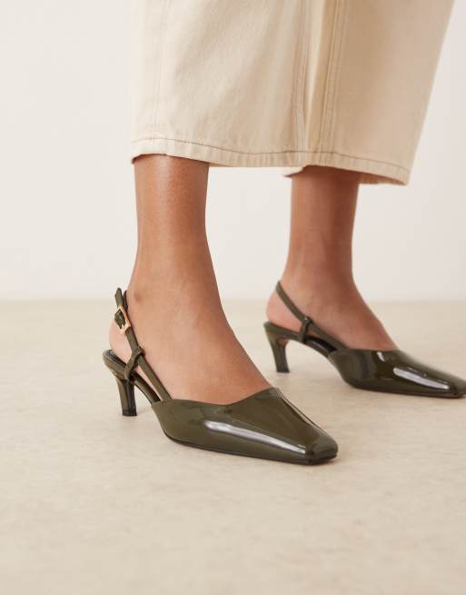 ASOS DESIGN Shadow chisel toe slingback mid heel shoes in green patent