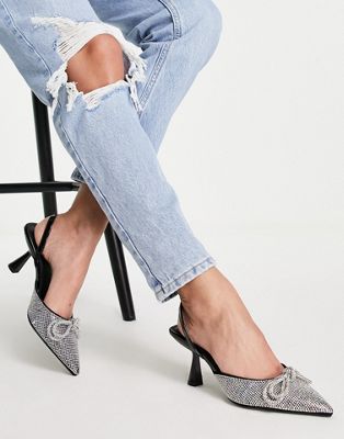 ASOS DESIGN Shadow embellished slingback mid heeled shoes in black | ASOS