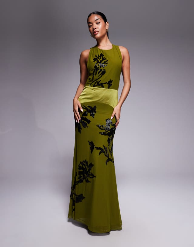 asos green dress with flowers Design shadow Floral Embellished Satin Panel Maxi in BMSMSept26