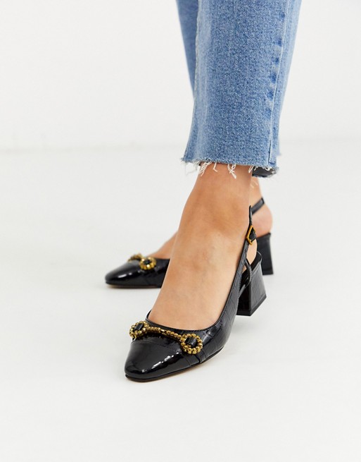ASOS DESIGN Shadow mid heeled loafers in black croc