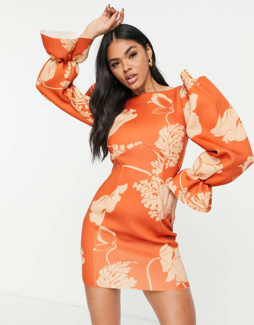 ASOS DESIGN - Shadow - Vestito corto con dettaglio sulla spalle arancione a fiori