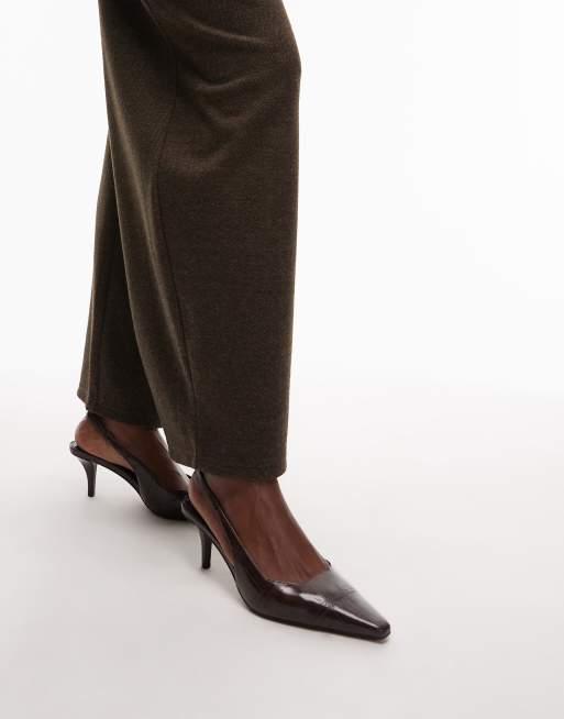 ASOS DESIGN Shake chisel toe slingback mid heel shoes in chocolate croc, 4 of 4