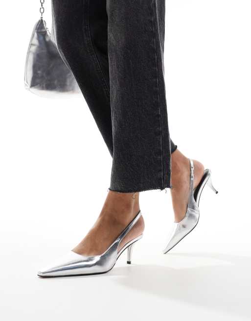 ASOS DESIGN Shake slingback kitten heels in silver