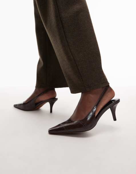 ASOS DESIGN - Shake - Slingback schoenen met hoekige neus en halfhoge hak in chocoladebruin met kroko-textuur - view 1