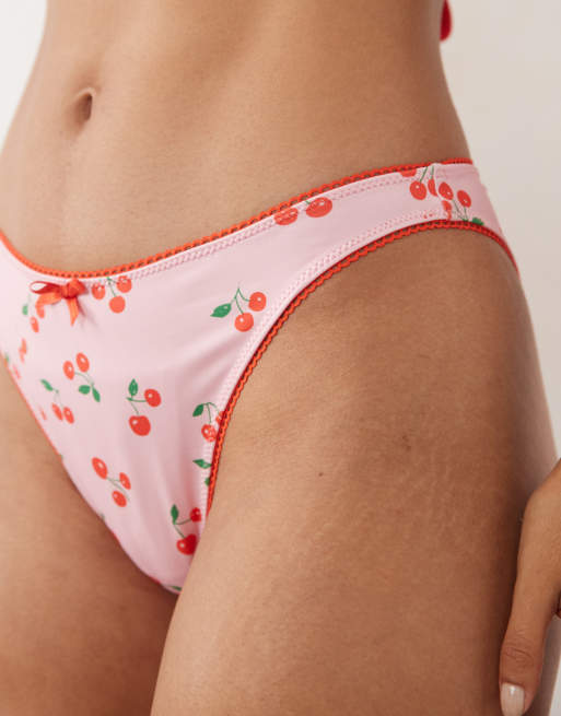 ASOS DESIGN Shannon bikiniunderdel med picot, høj benskæring og cheeky i lilla cherry, 3 af 4