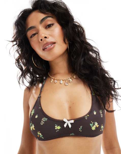 ASOS DESIGN Shannon picot & white bow scoop bikini top in brown