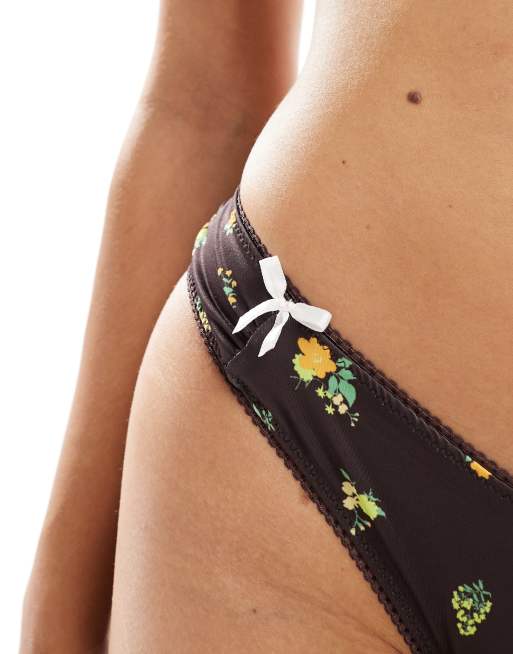 ASOS DESIGN Shannon picot & white bow hipster bikini bottoms in brown, 3 of 4