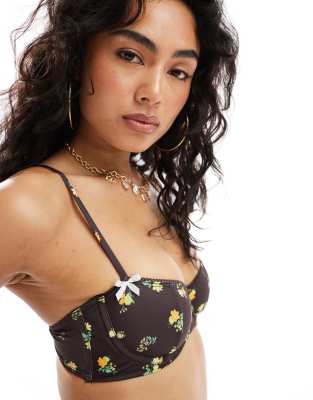 Asos Design Shannon Picot & White Bow Underwire Bikini Top In Brown