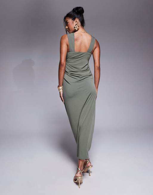 ASOS DESIGN shaped neckline wide strap midaxi dress with draped skirt in sage