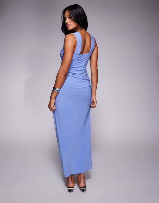 ASOS DESIGN shaped neckline wide strap midi dress with draped skirt in blue