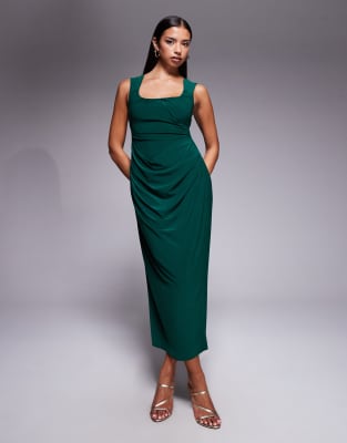 Asos Design Shaped Neckline Wide Strap With Draped Skirt Midi Dress In Green