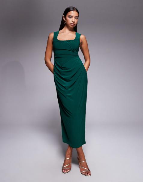 ASOS DESIGN shaped neckline wide strap with draped skirt midi dress in green - view 1