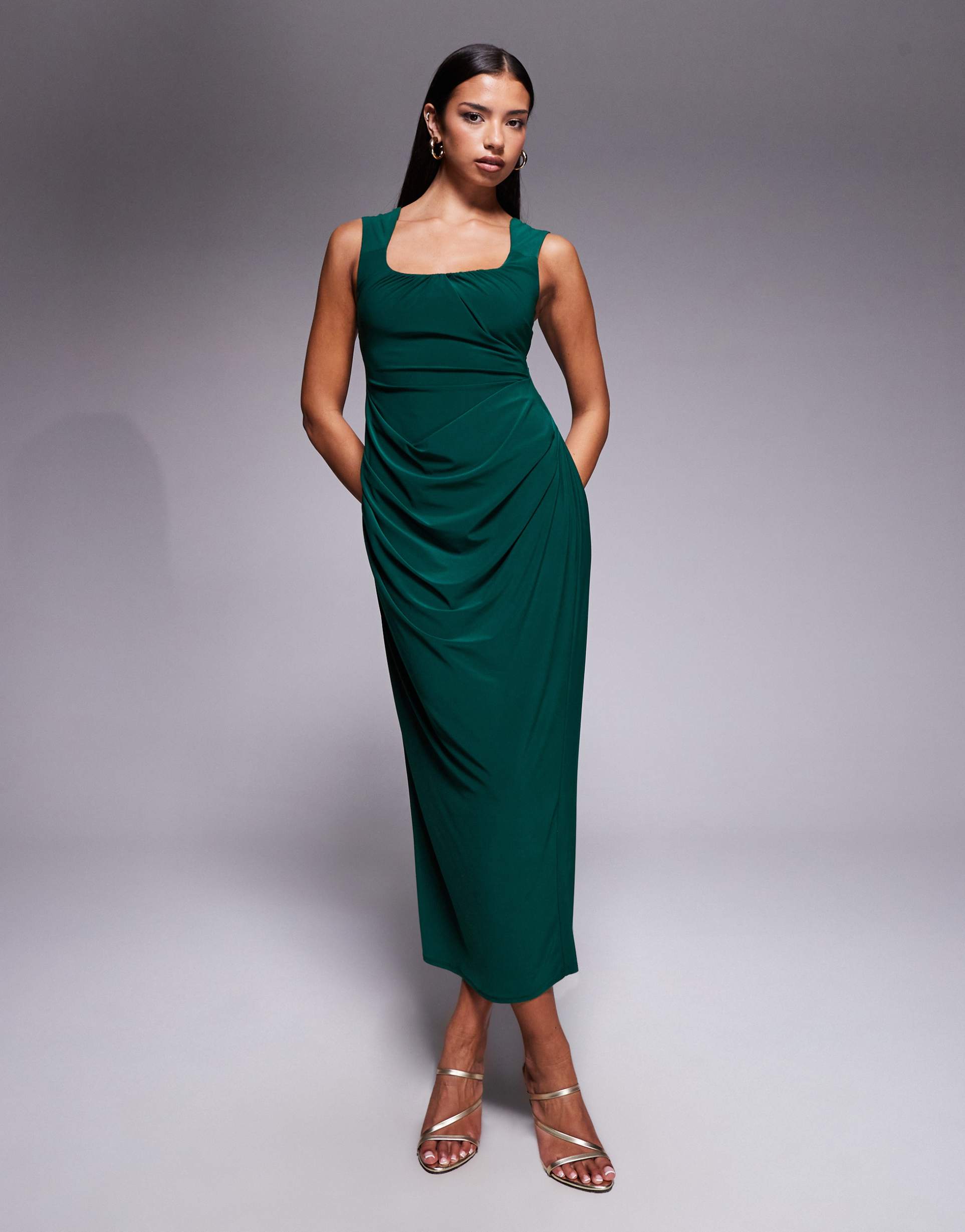 asos design shaped neckline wide strap with draped skirt midi dress in green