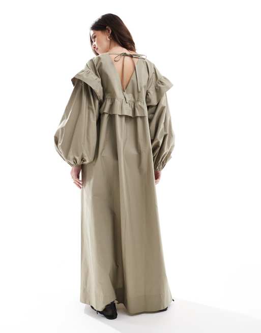 ASOS DESIGN shapeless frill smock midi dress with oversized sleeves in roasted cashew, 2 of 4