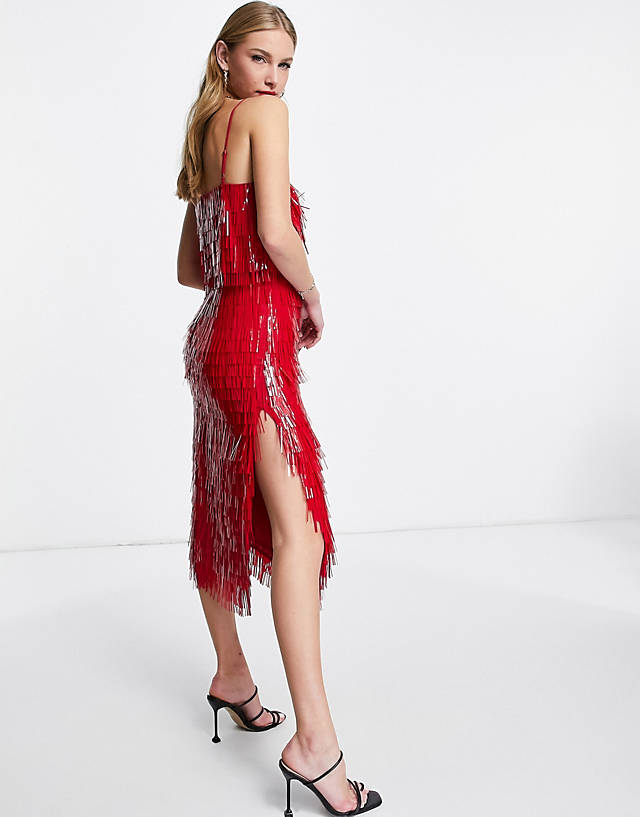 ASOS DESIGN shard detail midi dress with sheer waist detail in red
