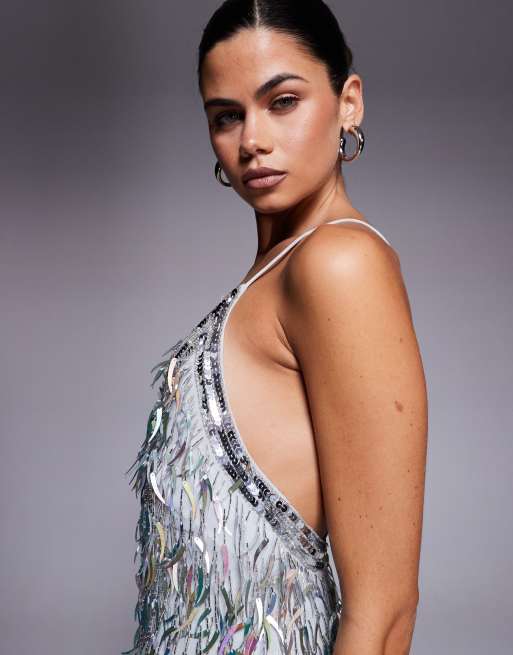 ASOS DESIGN shard embellished cami romper playsuit in silver, 2 of 4