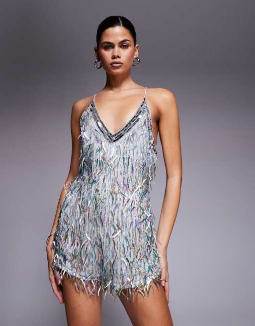 ASOS DESIGN shard embellished cami romper playsuit in silver, 4 of 4