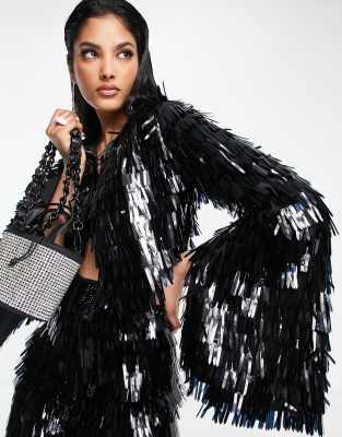 ASOS DESIGN - Shard - Giacca da abito corta nera con paillettes