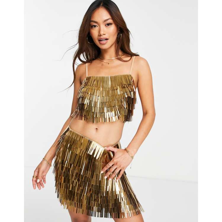 Gold sequin 2024 fringe skirt