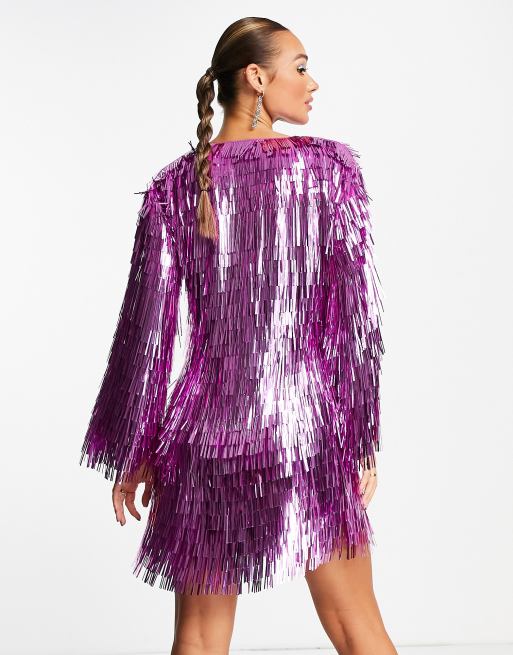 ASOS DESIGN shard sequin wrap mini dress with tie detail in pink , 2 of 4