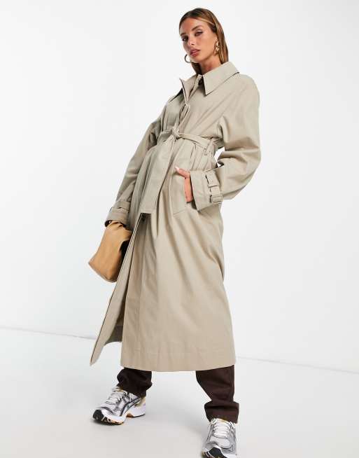 ASOS DESIGN sharp collar trench coat in stone