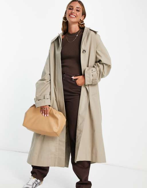 ASOS DESIGN sharp collar trench coat in stone