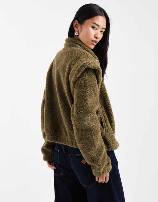 ASOS DESIGN sharp shoulders zip up teddy fleece in beech green